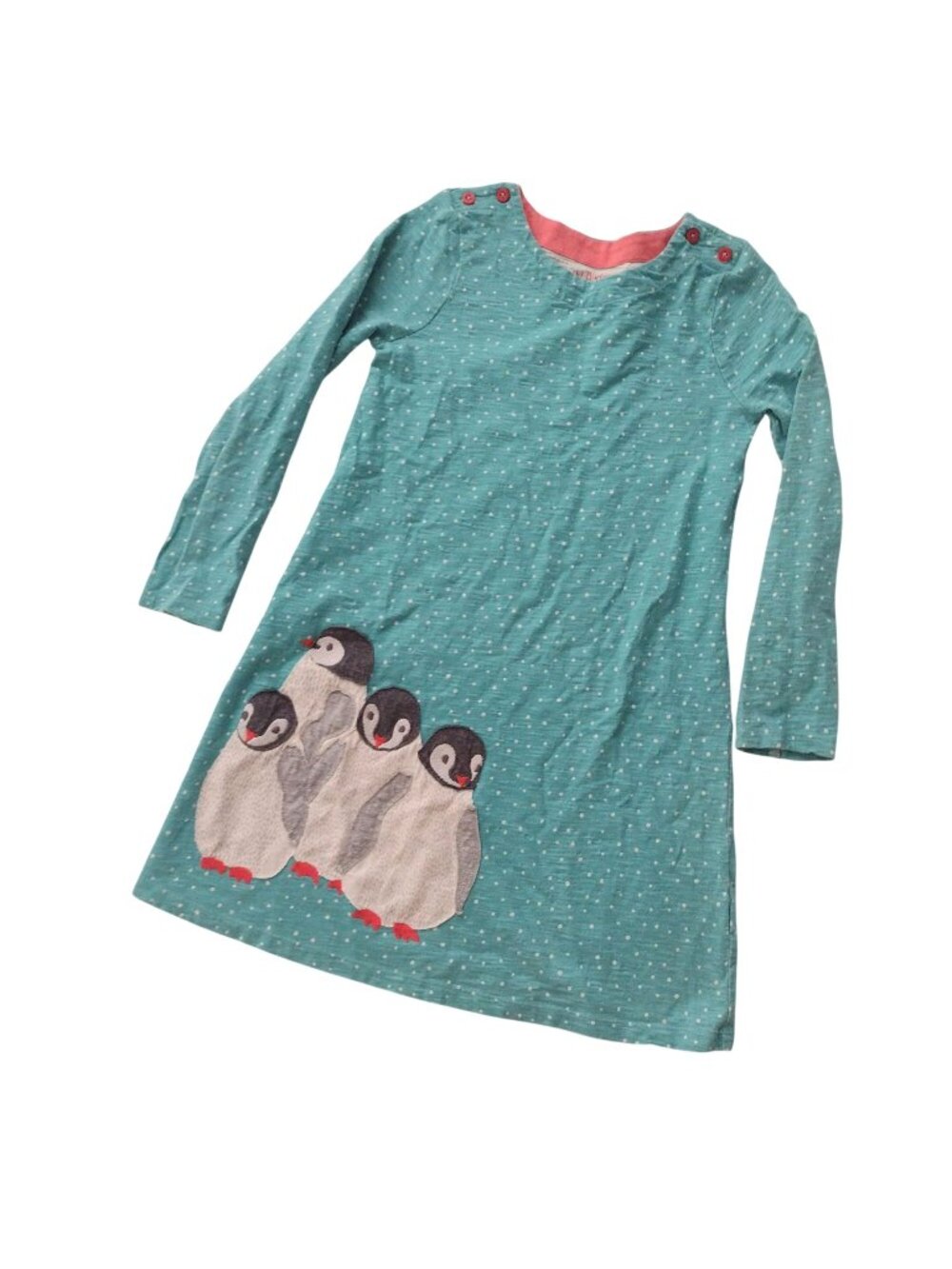 Mini Boden Girls Baby Penguin Dress 9-10 Yr Teal Polka Dot Cotton L/S Midi